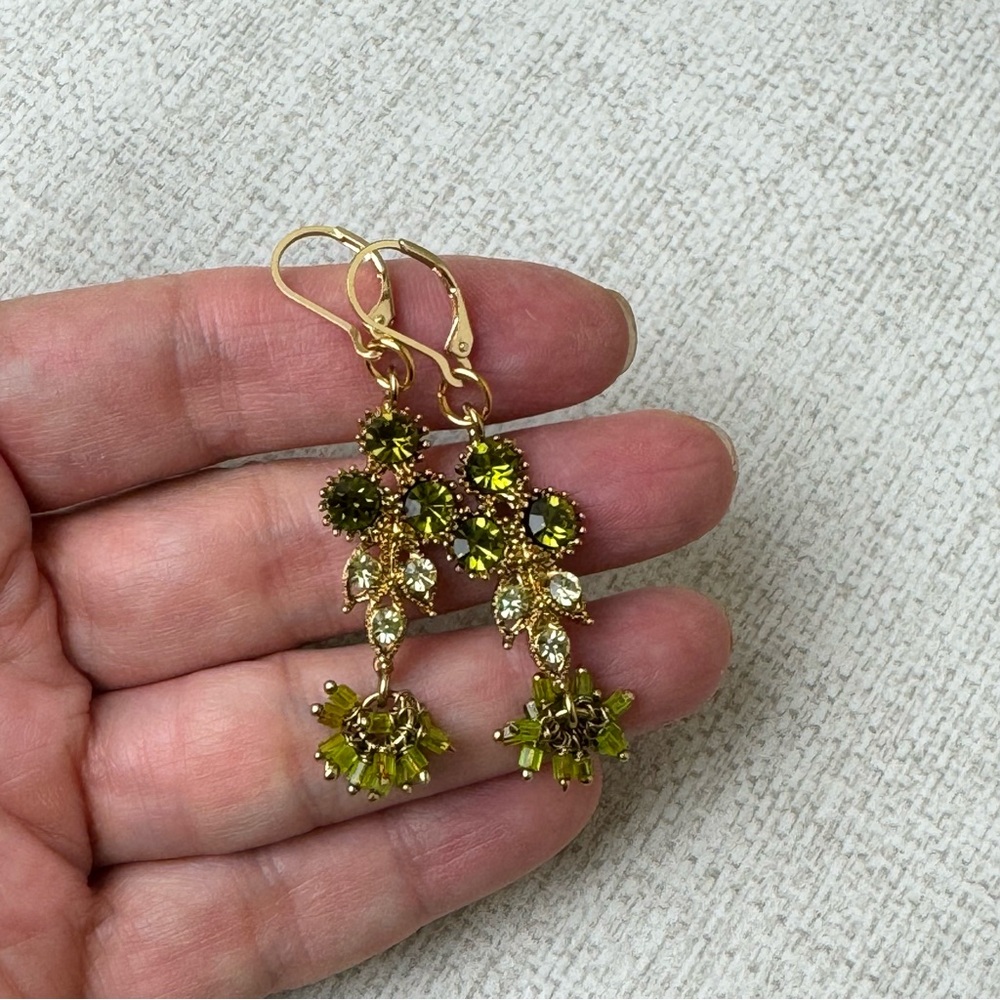 Upcycled Gold Tone Green Crystal Chandelier Earrings